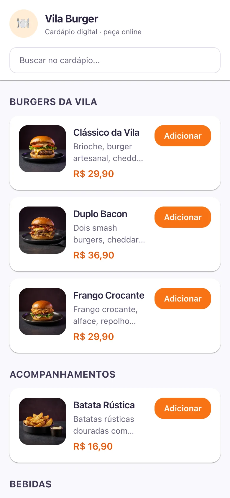 Cardápio real da Vila Burger no Deliverso, com imagens ilustrativas geradas por IA