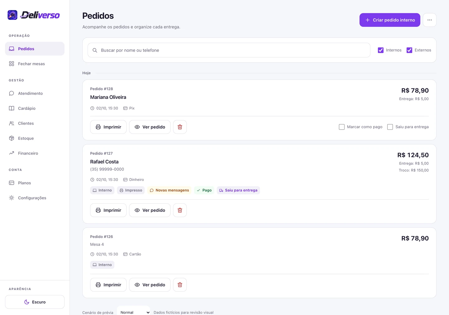 Tela real do Deliverso com pedidos, valores, pagamento e status de entrega de demonstração